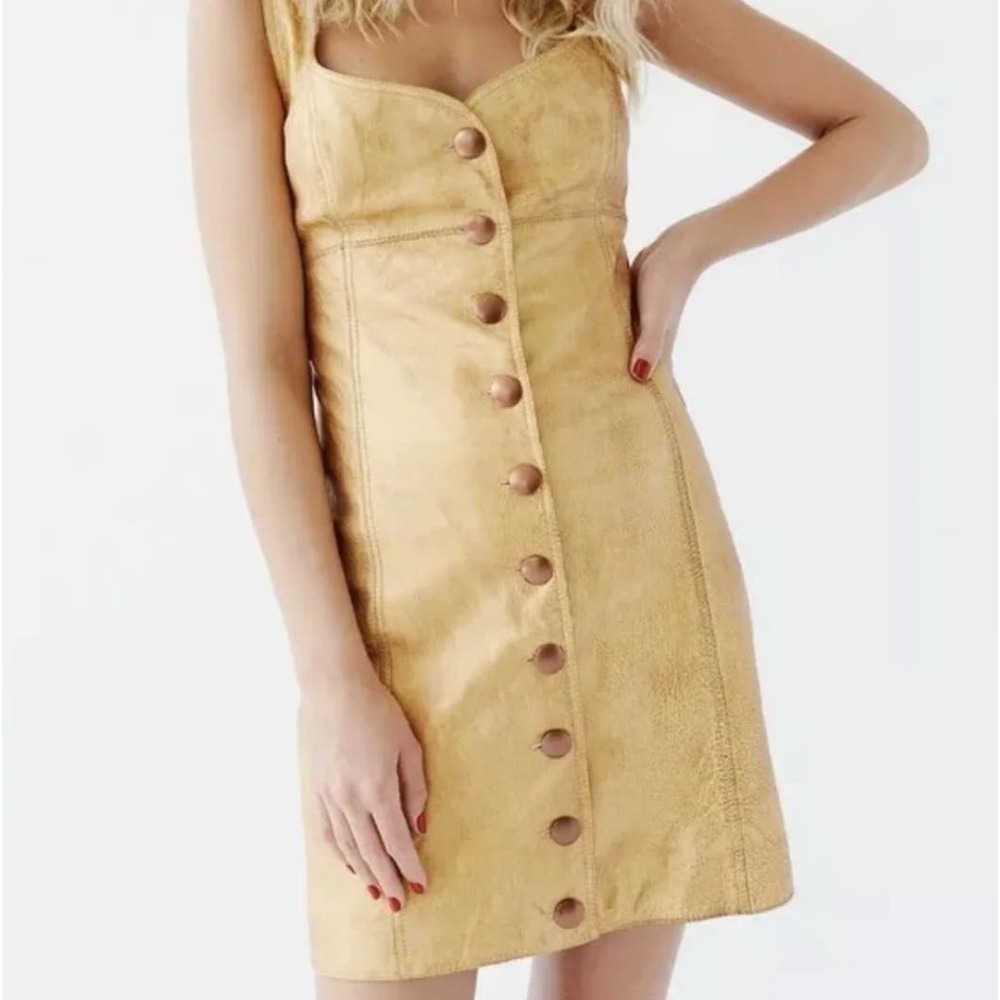 NWT Free People Womens Goldie Mini Button Down A-Line Dress Gold Leather 8